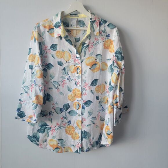 Chico's Tops - Chicos womens 100% linen shirt size 12 no Iron lemon flower 3/4 sleeve